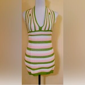 Soundtrack of Summer green pink white striped crocheted halter mini dress Small